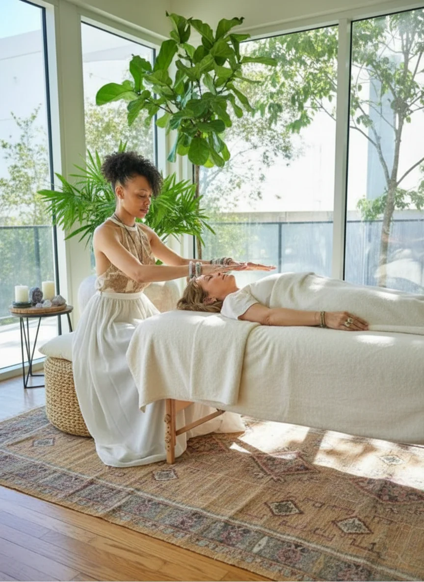 Candi offering Reiki to a client in a sunlit treatment room