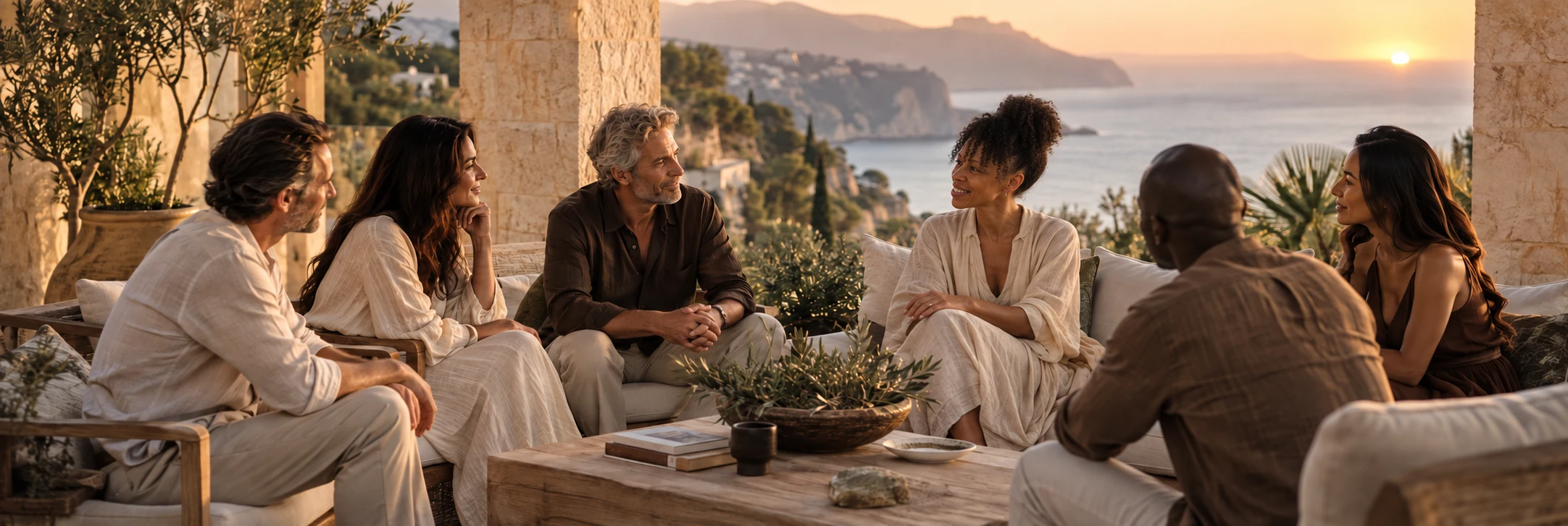 Grandmaster CandiChinwe in conversation with VIP community members on a warm coastal terrace